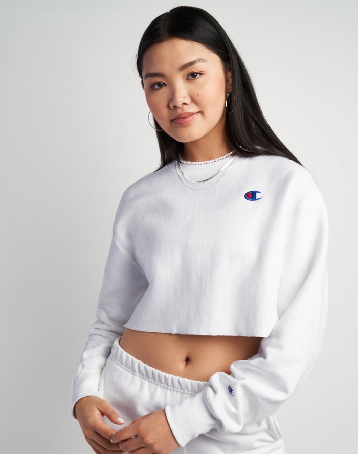 Champion Reverse Weave Cropped Cut-Off Crew - Naisten Valkoinen Collegepaita - Suomi 2490571-YF